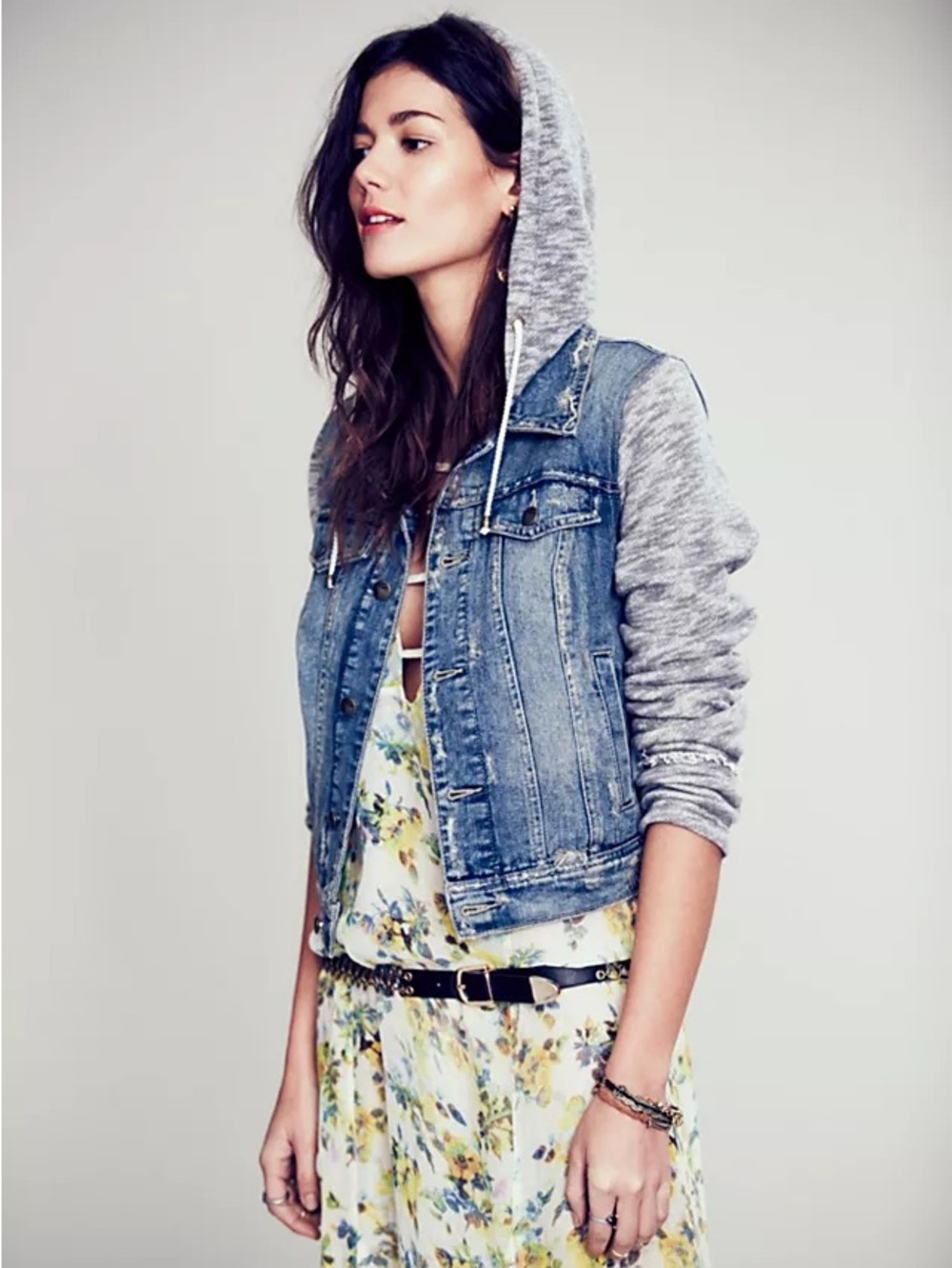 Free People Knit Hooded Denim Jacket with Blue Grey Sleeves - Small - Picture 3 of 11